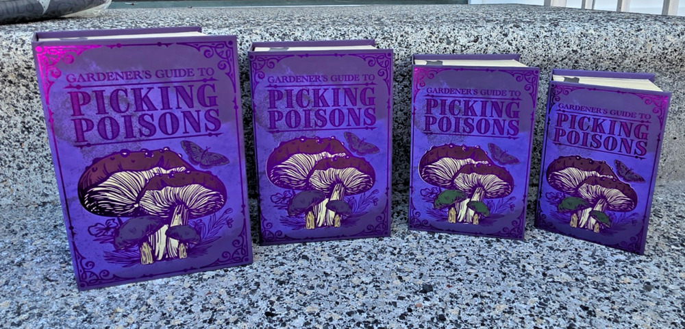 4 Stackable Halloween Picking Poison Mushrooms Purple Faux Book Boxes New